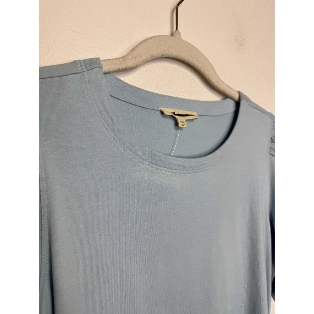 Madewell XXS Side Cinch Puff Sleeve Tee Feather Blue Cotton Slim Fit NWT